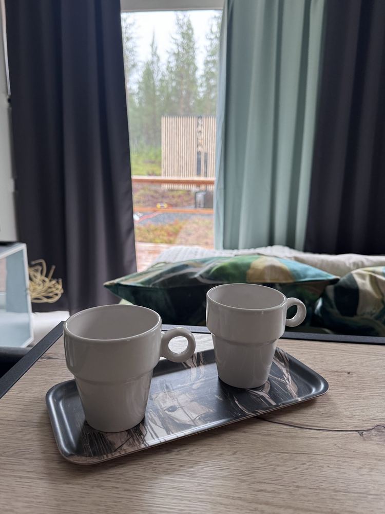 Aurora Cabinin ikkuna, kaksi kuppia tarjottimella