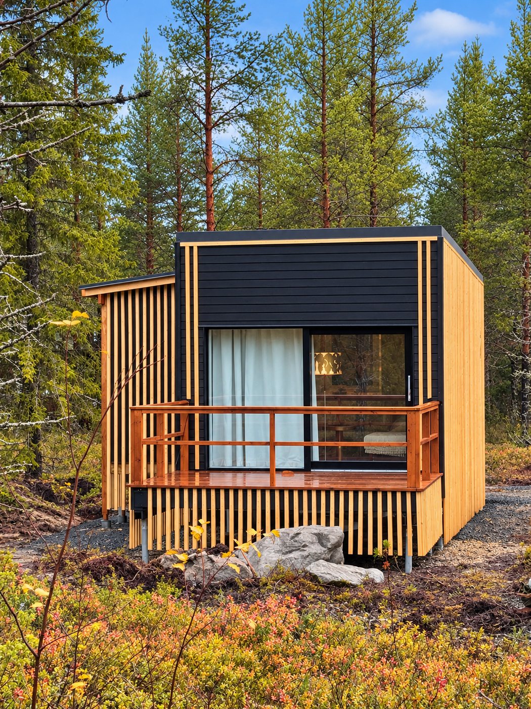 Aurora Cabin männikössä, oma terassi ja iso liukuovi