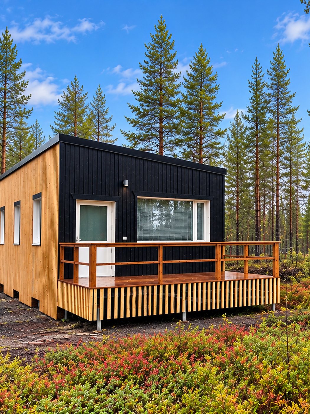 Moduuliresortti ja sen terassi ruskan keskellä